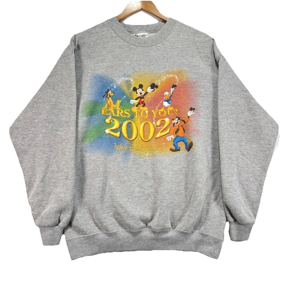 VTG Y2K Disney Crewneck  Sweater "Ears To You" 2002  Large Gray‎ Crew Neck